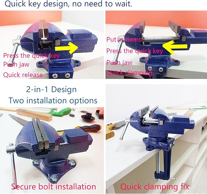 Dual-Purpose Combined Bench Vise or Table Vise, multifunctional jaw, Universal Rotate 360° Work Clamp-On Visewith Quick Adjustment, 3.3" Blue