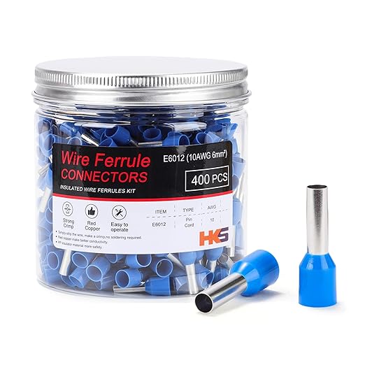 HKS 400PCS Wire Ferrule Connectors - AWG 10-6.0mm² Copper Barrel Pin Cord Ends Insulated Ferrules Terminals - E6012 Blue