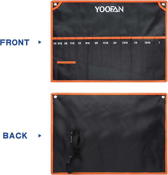 YOOFAN Wrench Roll Up Pouch – Wrench Organizer with 13+1 Pockets, Wrench Bag with handle, Wrench Holder for Hanging, Orange - SAE