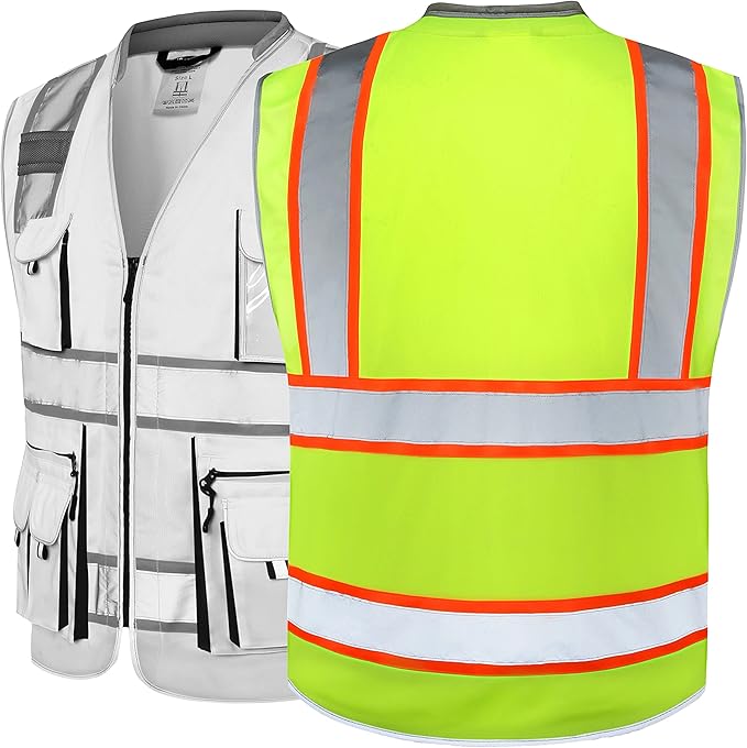 JKSafety 10 Pockets Class 2 Hi-Vis Zipper Front Yellow Safety Vest | Cushioned Collar | High Reflective Tapes with Extended Neon Orange Strips | Meets ANSI/ISEA Standards (5X-Large, 89-Yellow)