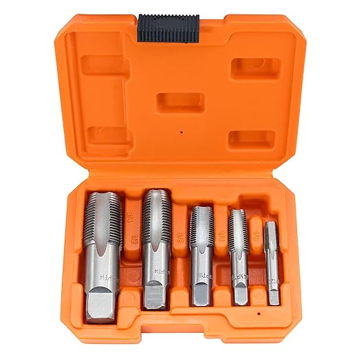 HFS(R) 5PCS NPT Pipe Tap Set ，1/8", 1/4", 3/8", 1/2" and 3/4", with Plastic Case for for Accurate Threads, Assorted Plumbers Mechanics DIY Thread Cutting Tools