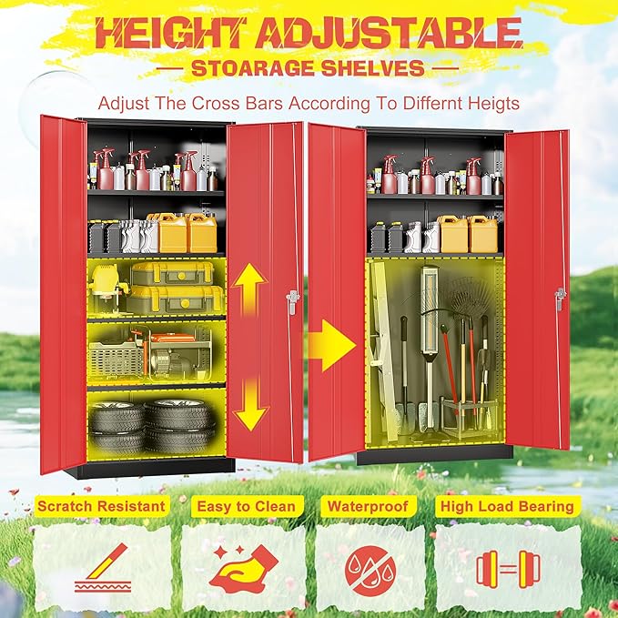 Pataku Metal Storage Cabinet, 71" Garage Cabinet with Doors and Shelves Lockable Steel Multifunctional Cabinets, File Cabinets for Home, Office, Warehouse(Black Red)