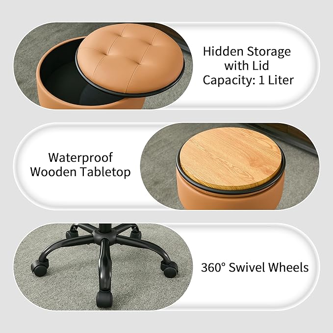 Drafting Chair with Wheels (Stool & Small Table in One) (Adjustable Office Chair 20.67"-24.61"), Caramel Brown Rolling Stool with Storage