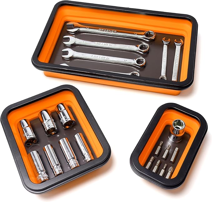 Collapsible Magnetic Parts Tray Set, Magnetic Tray for Mechanic's, 3 Different Size Tool Trays for Small Metal Parts, Cool Mechanic Tools, Cool Gifts for Mechanic (Yellow)