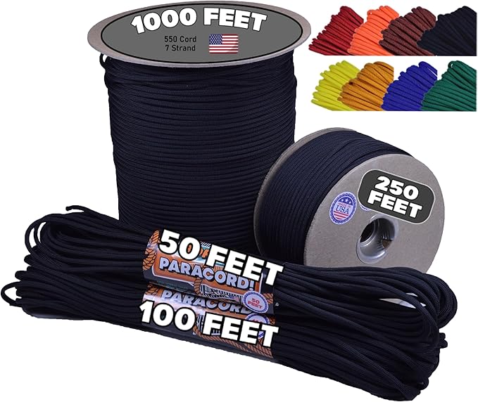 BORED? PARACORD! 550 lb Paracord - Ideal for Crafting, Camping, DIY Projects, Active & Military Outdoors - Strong Survival Rope - Tactical Parachute Cord Type III - Black 100 Feet