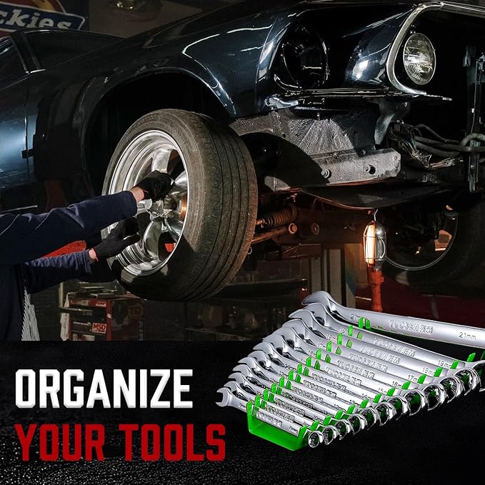 ALOANES 104-Slot Metal Wrench Organizer, Heavy Duty Wrench Organizer Tray for Tool Box, Fit SAE & Metric Wrench Storage, 8 Pack Wrench Holders(Green)