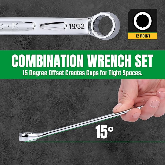 SK Combination Wrench Set, SAE 5/16" to 3/4", 11-Piece, SuperKrome Finish, Premium CR-V Construction, with Rolling Pouch