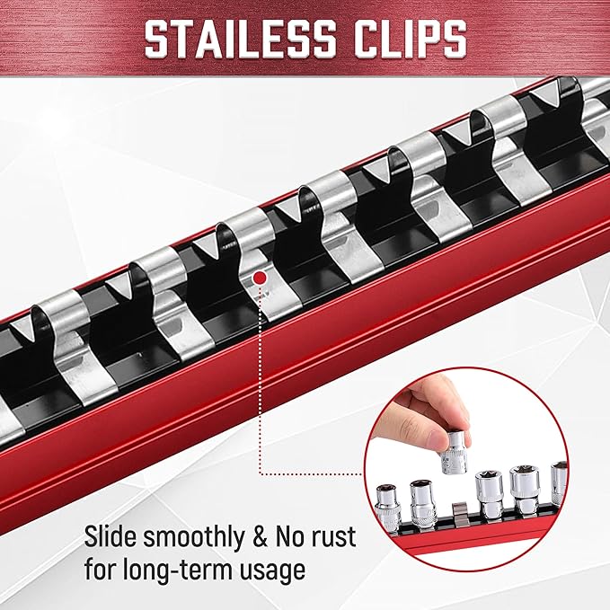 ALOANES 1/4-Inch Drive Magnetic Socket Organizer, Heavy Duty Aluminum Socket Rails, 15 Stainless Clips (Red)