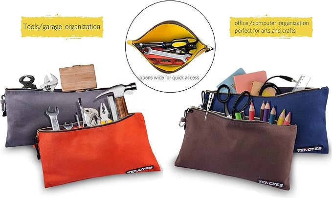 Canvas Tool Pouch Zipper Bag - 5 Pack Utility Bags Heavy Duty Metal Zippers Pouches with Carabiner, Multi Storage Organizer Clip on Tote Bags