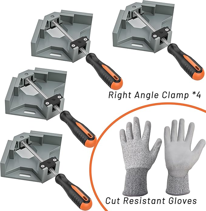 Corner Clamps for Woodworking, 4 Pack Durable Premium Aluminum Alloy Wood Clamps with Electroplated Spiral Rod and Ergonomic Handle, Corrosion-Resistant 90 Degree Clamp, Including Cut Resistant Gloves