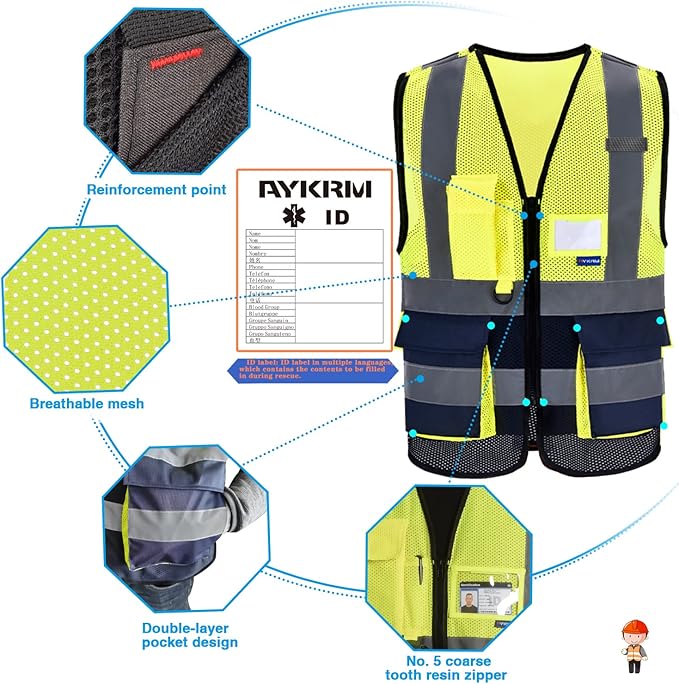A-SAFETY High Visibility Mesh Safety Reflective Vest with Pockets and Zipper,Hi Vis Viz Reflective Safety Vest(Yellow&Navy Mesh XXXL)