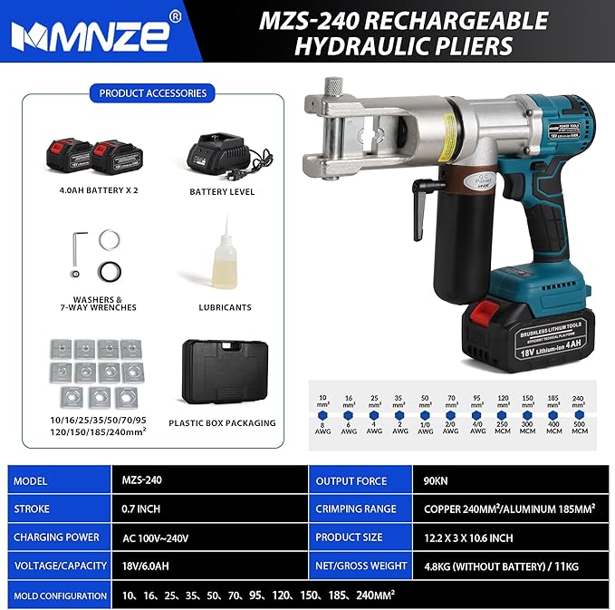 Electric Hydraulic Cable Lug Crimping Tool 8 AWG to 500 MCM Rechargeable Hydraulic Electrical Terminal Cable Lug Wire Crimping Crimper Tool Kits with 11 Dies