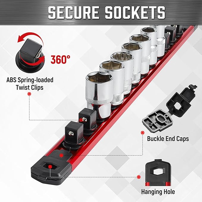 ALOANES 3/8-Inch Drive Magnetic Socket Organizer, Heavy Duty Aluminum Socket Rail Organizer, 360° Swivel Clips Socket Holder Kit for Tool Box, 3/8-Inch Socket Holder x 14 Clips (Red)