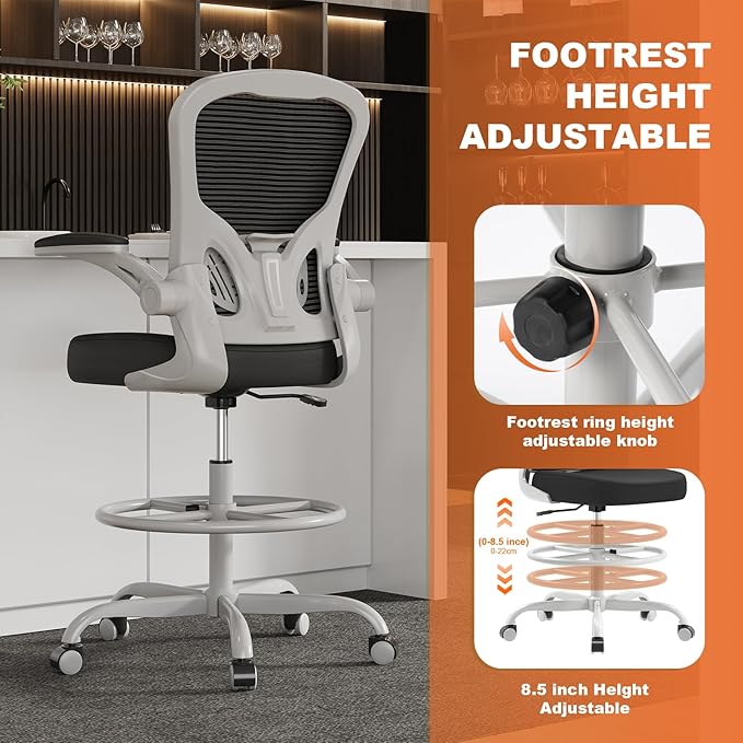 Ergonomic Drafting Chair, Tall Office Chair with Flip-up Armrests, Breathable Mesh High Desk Chair with Lumbar Support Adjustable Footrest Ring for Standing Desk Grey Black