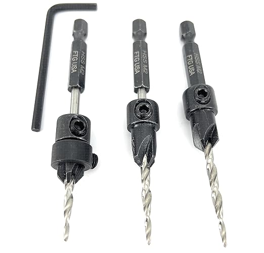 FTG USA Adjustable Wood Countersink Drill Bit Set 3 Pc #6 (9/64"") with Tapered Drill Bit for Woodworking