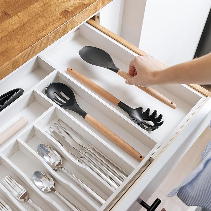 Premium Silverware, Flatware and Utensil Organizer for Kitchen Drawers, Food-Safe Contract Grade, Expandable from 18 to 33 In, White Bamboo