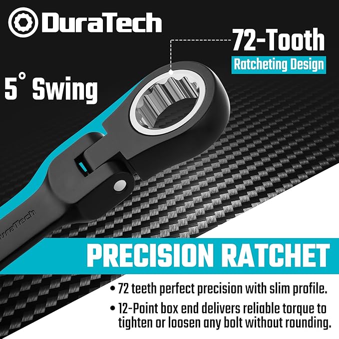 DURATECH Stubby Flex-head Ratcheting Combination Wrench Set, 8-piece, Metric, 9 to 17mm, CR-V Steel, Black Electrophoretic Coating, with Rolling Pouch