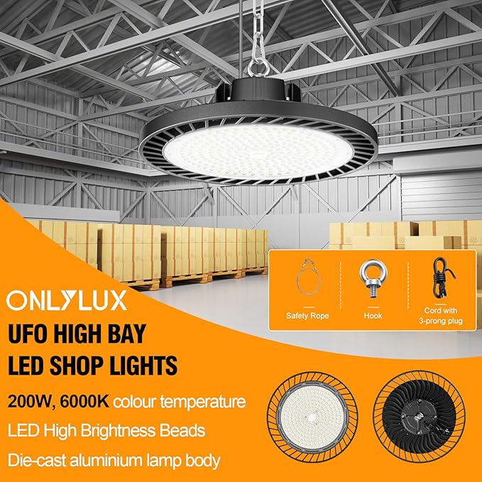 8 Pack LED High Bay Lights 200W, 30000LM 6500K UFO High Bay Led Shop Lights AC100-277V with Plug Industrial Warehouse Workshop Factory Barn Garage Area Lighting Fixture