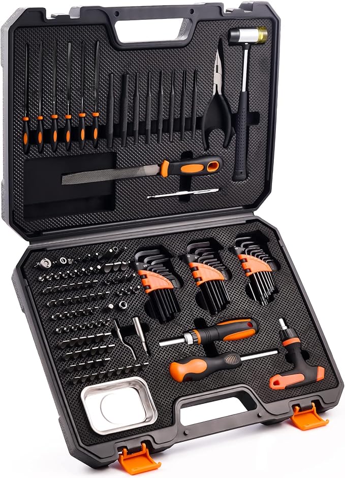 KNINE OUTDOORS Screwdriver Set Repair Kit Maintenance Tools with File Set, Hex Key Set, Ergonomical Designed T-BAR Ratcheting Wrench Rubber Mallet Bits Wrenches Adapters Pin Punches, 138 Set