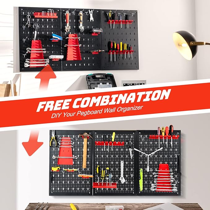 Goplus Garage Pegboard Tool Organizer, 4ft Metal Pegboard Wall Organizer w/3 Pegboards, Drill Bit Rack, Wrench Rack, Hooks Accessories, Wall-Mounted Tool Storage Peg Board for Workshop, Black
