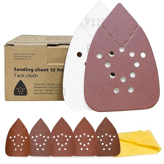 S&F STEAD & FAST Black and Decker Mouse Sanding Pads 60 Pack, 60, 80, 120, 150, 220 Grit Mouse Sander Sandpaper Assortment, 12 Hole Hook and Loop Detail Sander Pads with Tack Cloth