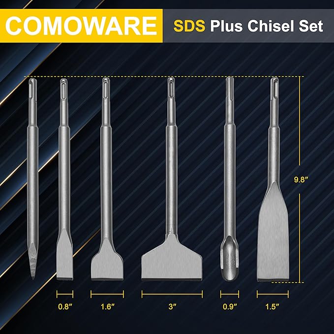 6pcs SDS Plus Chisels, Chisel Set with SDS Plus Shanks, High-Quality 40CR Steel Masonry Chisel, Professional Tile Removal Tool for Home Improvement and Masonry Demolition