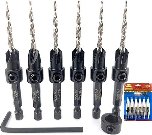 FTG USA Countersink Drill Bit Set for Wood with Tapered Drill Bit 6 Pc #6 (9/64")