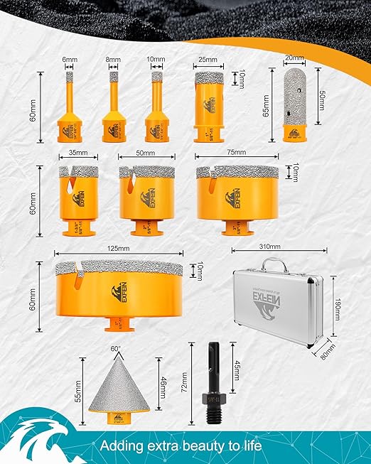 Tile Hole Saw Kit 11pcs - Diamond Core Drill Bits Set (6/8/10/25/35/50/75/125mm) & Adapter for Tile Marble Granite with 4/5" Diamond Finger Bit and 2" Chamfer Bit Trimming Holes