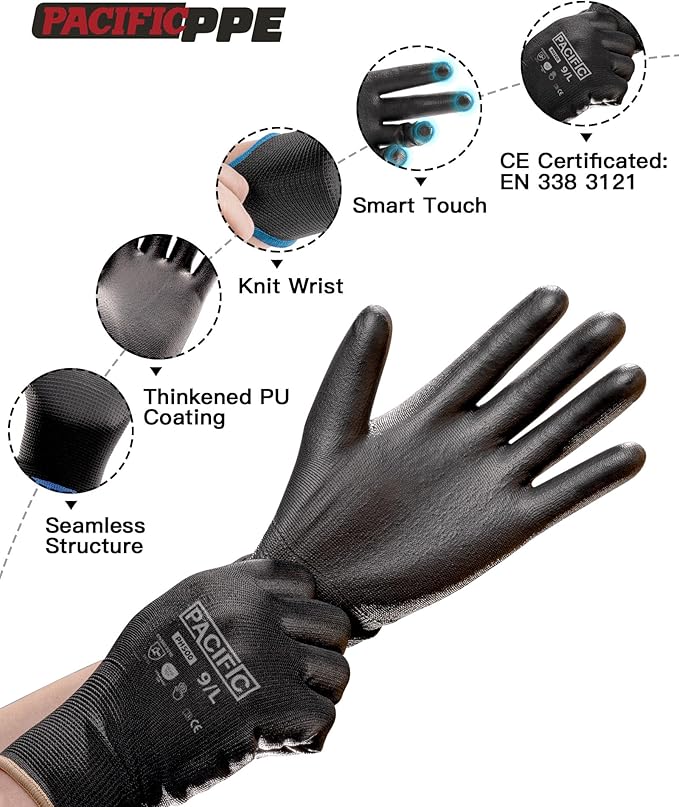 PACIFIC PPE Work Gloves PU Coated-18 Pairs, Touchscreen Working Gloves for Men and Women, Mechanic Gloves, Lightweight, Black, Large