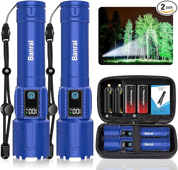 Rechargeable Flashlights High Lumens - Super Bright LED Tactical Flash Light, Powerful Waterproof Handheld USB C Flashlight for Camping,Emergencies,Home,5 Modes,Zoomable (2, Blue)