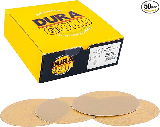 Dura-Gold Premium 240 Grit 6" Gold Sandpaper Discs, No Hole Pattern Dustless, Box of 50, Hook & Loop Backing for DA Sander, Finishing Coarse Sanding Abrasive Automotive Paint, Woodworking Wood, Metal
