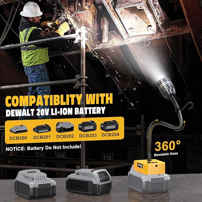 LIVOWALNY 2000LM LED Work Light Compatible with Dewalt 20V Battery, 20W Flood Light, 12" Flexible Gooseneck, Flashlight Lights with USB-A & Type-C Charging Port, Low Voltage Protection (No Battery)