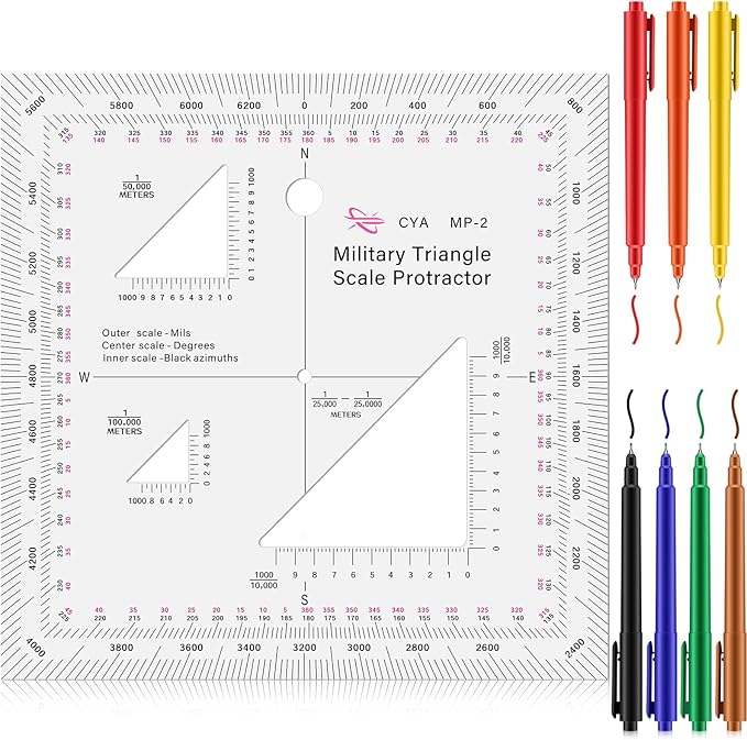 Oudain Military UTM/MGRS Coordinate Scale 7 Assorted Colors Military Map Markers Fine Point Pens Land Navigation Protractor and Map Reading and Grid Coordinate Reader Pairs with Compass