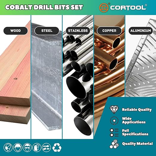 1/2 inch Cobalt Drill Bits (6Pcs), M35 HSS Metal Jobber Length Twist Drill Bit Set for Hard Metal, Stainless Steel, Iron, Copper, Aluminium, Brass, Plastic & Wood