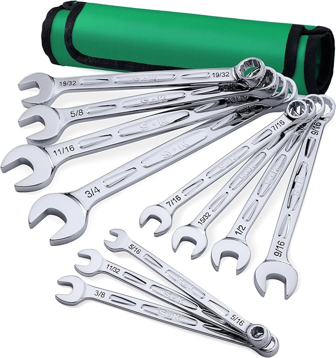 SK Combination Wrench Set, SAE 5/16" to 3/4", 11-Piece, SuperKrome Finish, Premium CR-V Construction, with Rolling Pouch