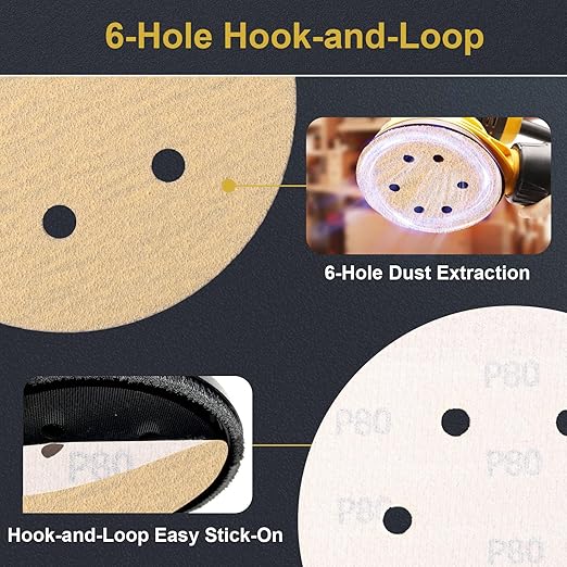 80 PCS 6 Inch 6 Hole Sanding Discs 80 Grit Hook and Loop Adhesive Round Sandpaper for Random Orbital Sander