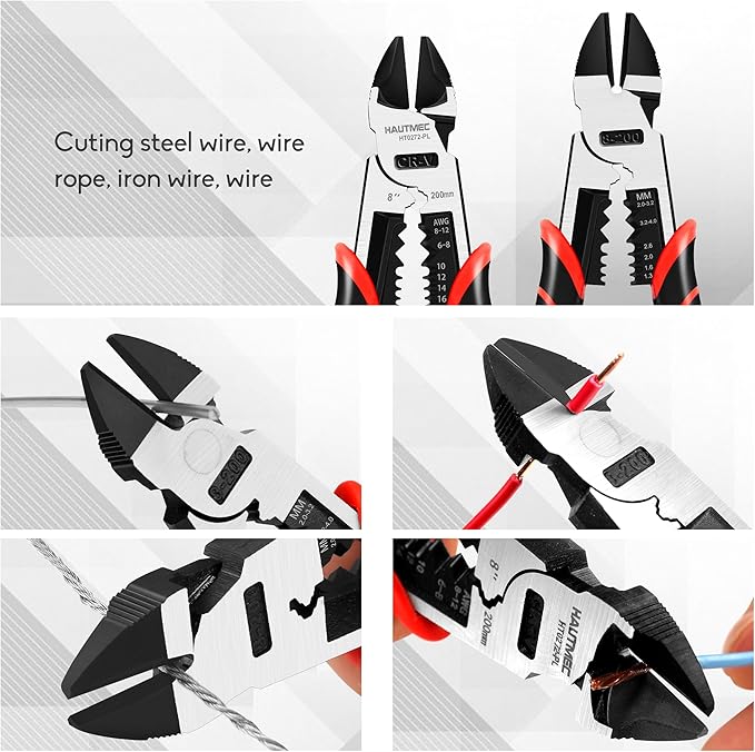 HAUTMEC 8" Wire Cutters,Pro-High Leverage Diagonal Pliers,4 in 1 Multifunction Heavy Duty Side Cutter HT0272-PL
