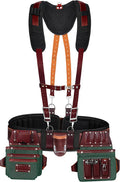 FUERI Nylon Leather Tool Belt Supender for Men Heavy Duty 26 Pocket Tools Bags Pouches Holder Organizer for Carpenter Construction (Maroon & Green Tool Belt Suspender, Medium 30" - 36")