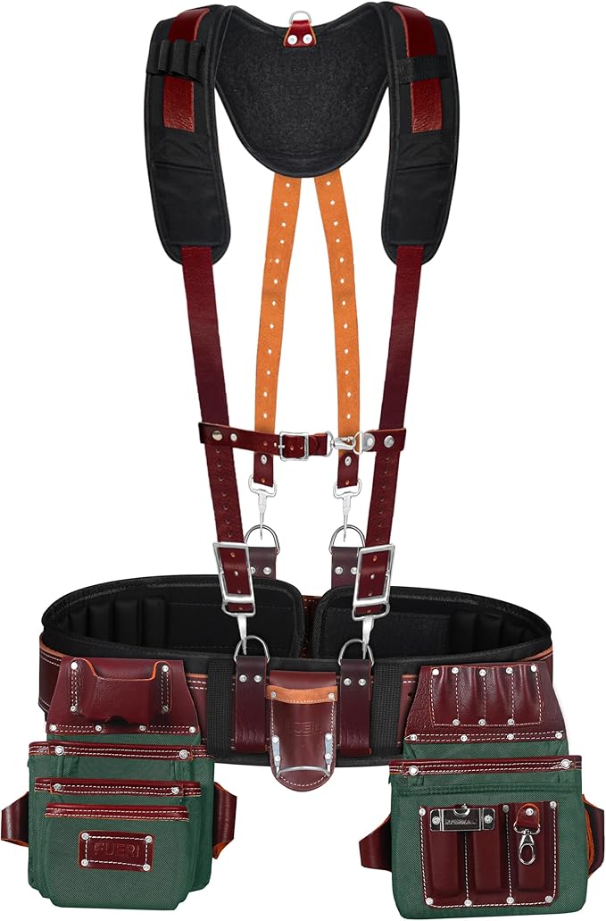 FUERI Nylon Leather Tool Belt Supender for Men Heavy Duty 26 Pocket Tools Bags Pouches Holder Organizer for Carpenter Construction (Maroon & Green Tool Belt Suspender, Medium 30" - 36")