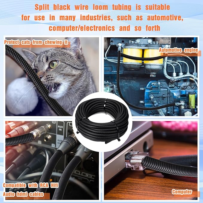 Sasylvia 1/4", 1/2", 3/8" x 50 Ft Split Wire Loom Tubing Wire Loom Assortment Split Cable Sleeves Bulk Flexible Electrical Conduit Protective kit