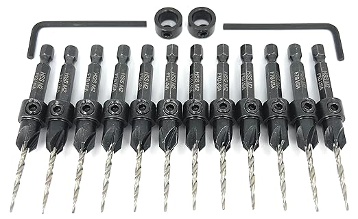 FTG USA 12 Pc #4 (7/64") Countersink Drill Bit Set with Depth Stop Collar, Hex Wrench - Tapered Drill Bits for Wood