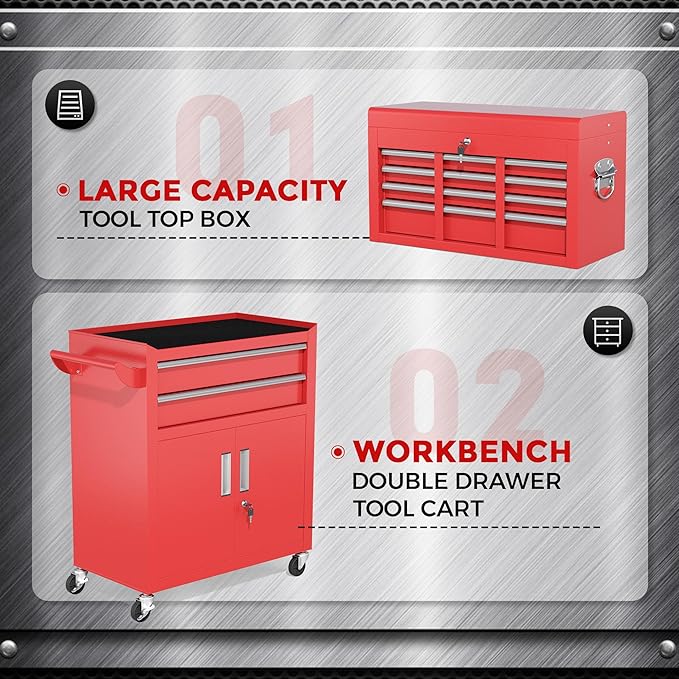 INTERGREAT Tool Chest Cabinet,8-Drawer Rolling Tool Chest with Detachable Top Tool Box, Tool Chests with Universal Lockable Wheels, Metal Tool Cart for Garage, Workshop, Barbershop(Red)
