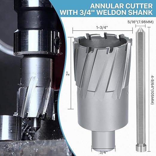 KEENTECH Carbide-Tipped Annular Cutter, 1-3/4" Diameter x 2" Depth, 3/4" Weldon Shank (2 Flat), High Speed Cutting TCT Mag Drill Bit with Pilot Pin for Harder Material, Stainless Steel, Cast Iron