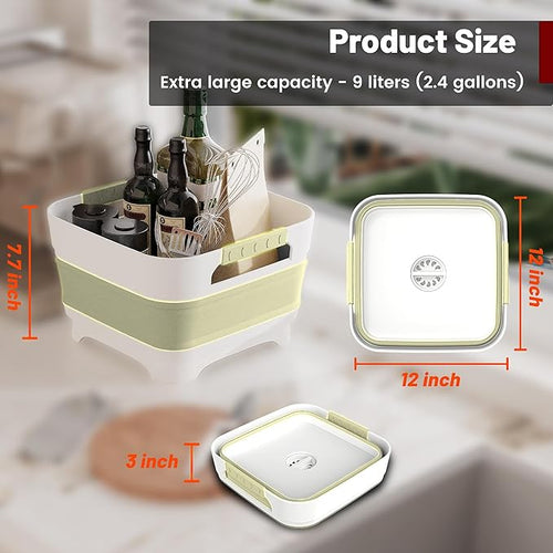 2.4 Gal Collapsbile Wash Basin with Drian Plug,9L Dish Pan for Soaking Baby Bottles,Portable Sink, Multiuse Foldable Bucket,Ice Beverage Tubs for Camping, Vegetable Washing, RV (Green)