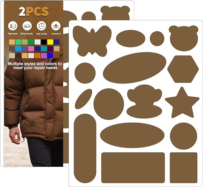 Azobur Down Jacket Repair Patches-Waterproof, Self-Adhesive,Nylon Fabric Patches for Puffy Jackets, Rain and Snow Gear, Tents, Sleeping Bag and More(Brown，2pcs)