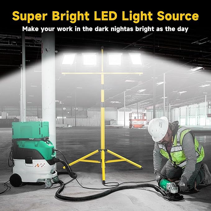 TOPRATED Plug in Led Work Light with Stand,28000 Lumen 110V 4 Adjustable Head Outdoor Flood Lights,Foldable Mechanic Light with 16.5Ft Power Cord,Portable Waterproof Tripod with Lamp for Workbench