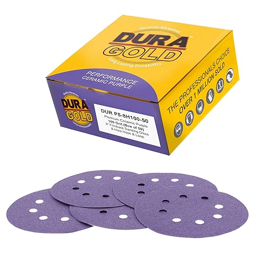 Dura-Gold Premium 100 Grit 5" Purple Film Ceramic Sanding Discs, 8-Hole Pattern, Box of 50 - Dustless Hook & Loop Backing Sandpaper for DA & Random Orbital Sanders - Sand Auto Paint, Wood, Woodworking
