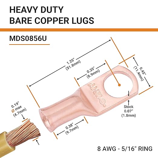 SELTERM 2pcs 8 AWG 5/16" Stud Copper Wire Lugs, Battery Lugs, Ring Terminals, Battery Cable Ends, 8 Gauge Ring Terminal Connectors, UL Heavy Duty Bare Copper Eyelets Battery Terminal Connectors