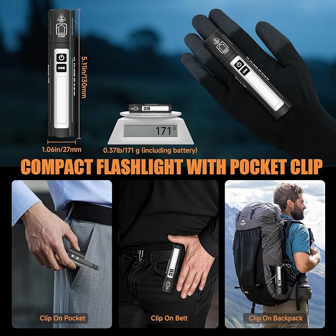 Rechargeable Tactical Flashlights High Lumens - Super Bright Small Powerful LED Magnetic USB C Flashlight, 8 Modes, Dual Button Waterproof Pocket Flash Light for Emergency, Car (1, Black)