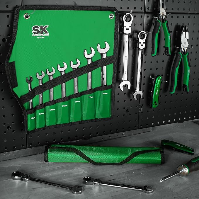 SK Flex-Head Ratcheting Wrench Set, Combination Wrench Set, 14-Piece, SAE 3/8" to 3/4", Metric 10 to 19mm, 72-Tooth, Premium CR-V Construction, with Rolling Pouch